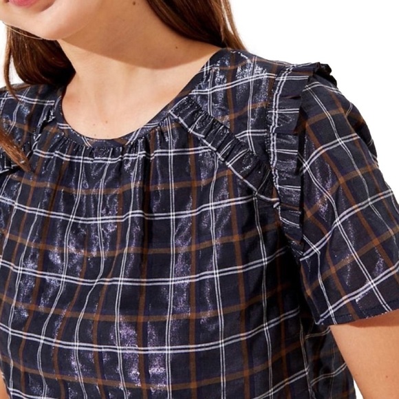 LOFT Metallic Navy Plaid Ruffle Short Sleeve Top, L - Picture 2 of 12